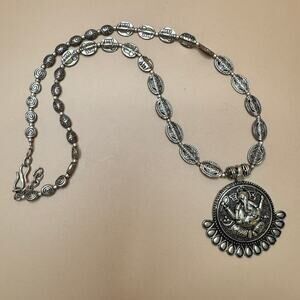 Vintage Indian Silver Ganesha Pendant Necklace Tribal Statement Medallion Boho